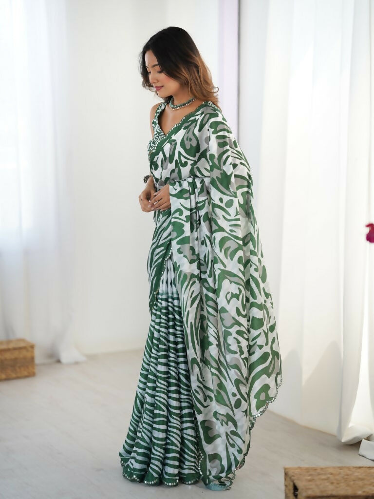 Green Chinon Designer Digital Printed,Mirror Cut Work Saree - Sohni