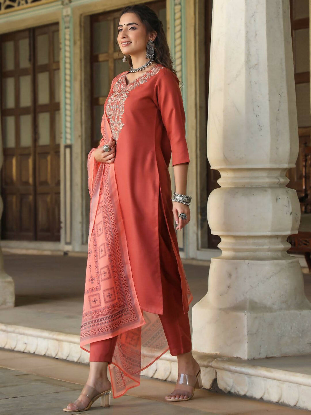 Juniper Women's Rust Silk Solid Embroidered Kurta Set