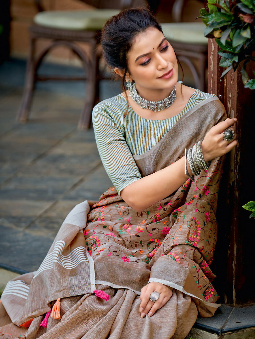 Shree Shyam Fashion Linen Brown Saree