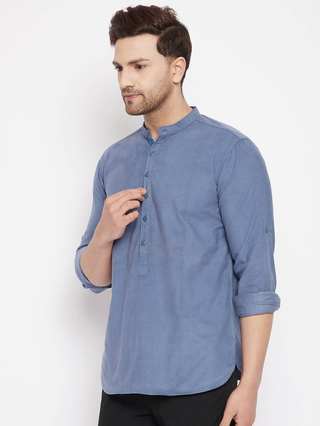 Even Apparels Blue Color Pure Cotton Short Men's Kurta With Band Collar