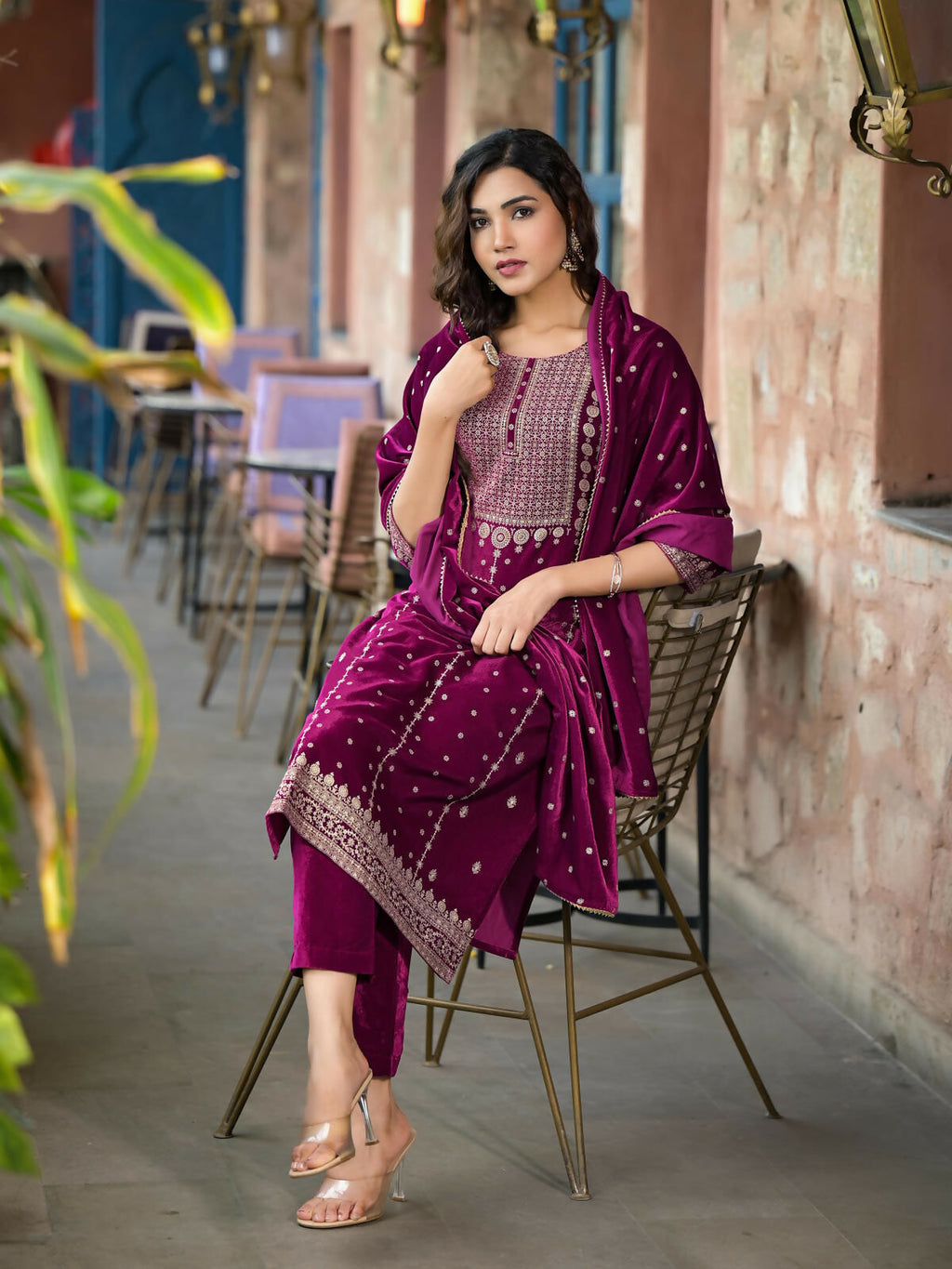 Juniper Women's Wine Ethnic Motif Printed Velvet Kurta Set With Lace