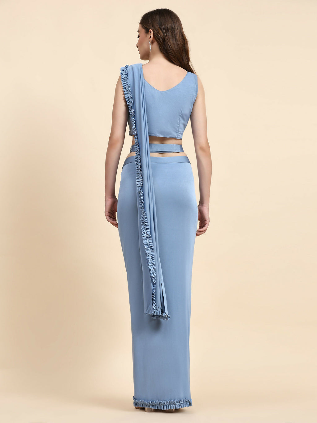 Blue Lycra Solid Ready to wear Saree with stitched Blouse - Vanita