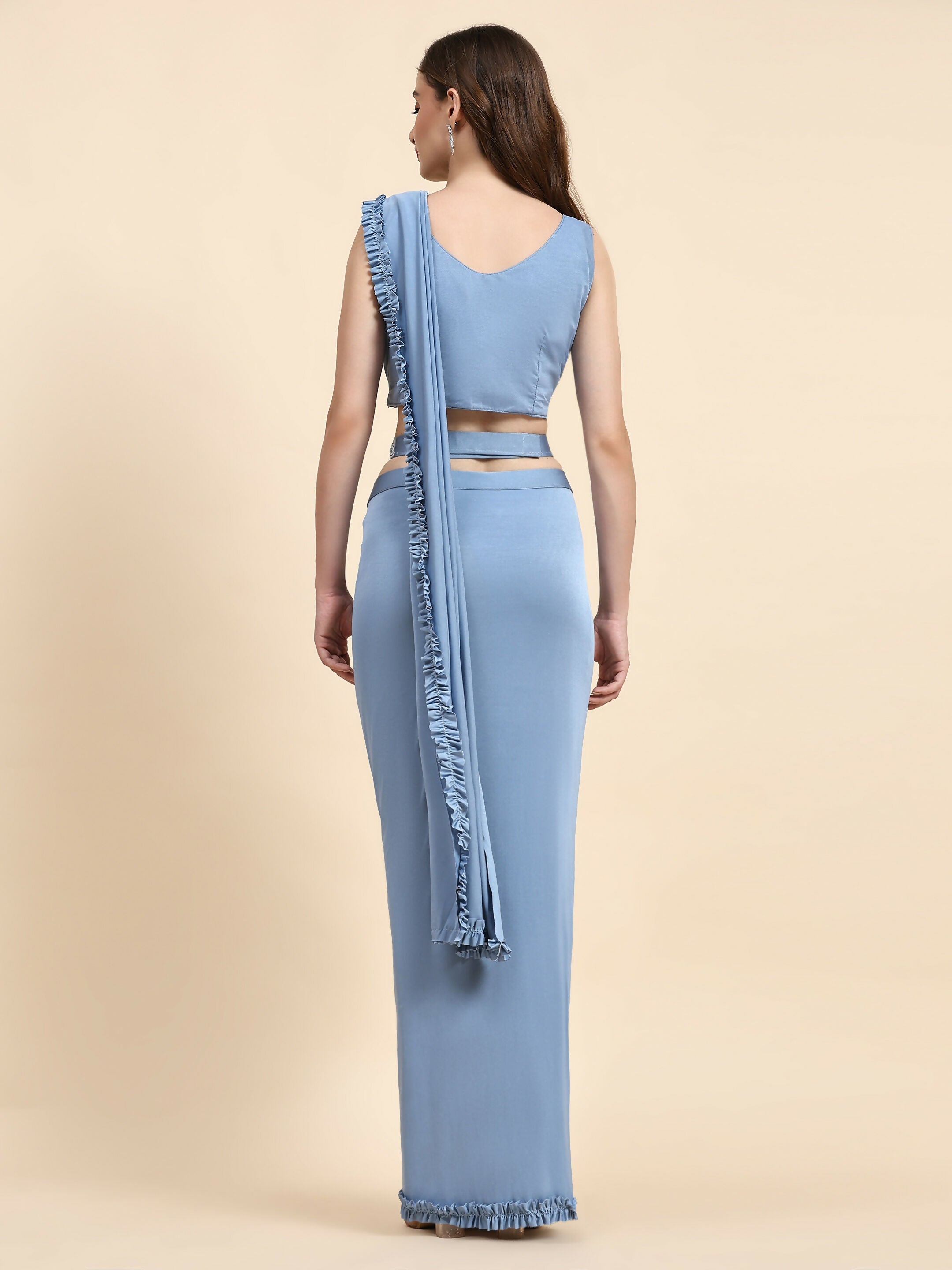 Blue Lycra Solid Ready to wear Saree with stitched Blouse - Vanita