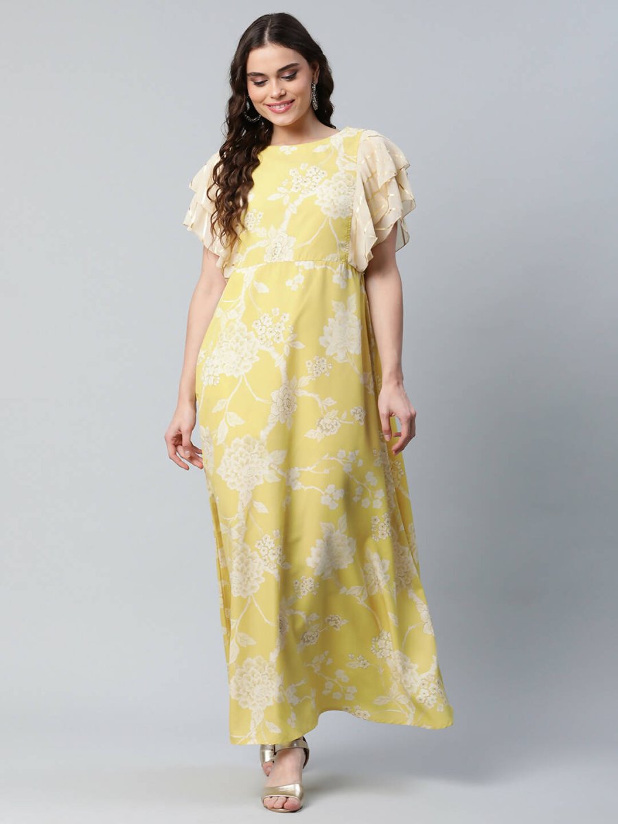 Ahalyaa Womens Lemon Yellow Crepe Floral Dress