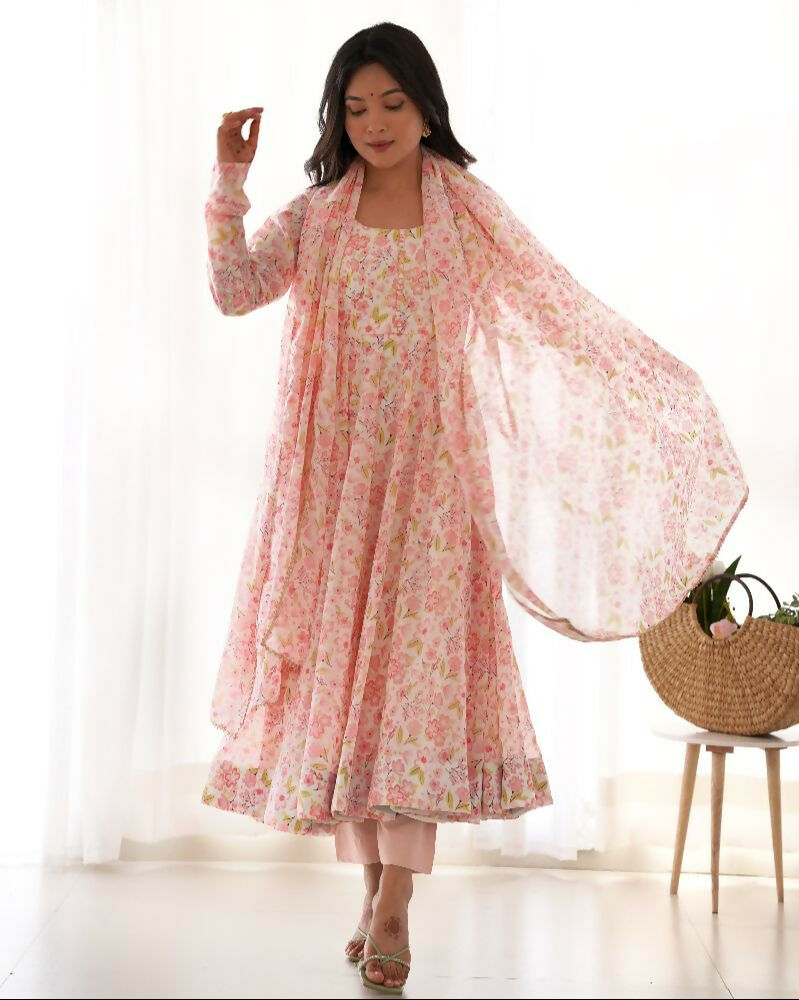 Joban Fashion Peach Kurta Set Organza Sequin Embroidery Work
