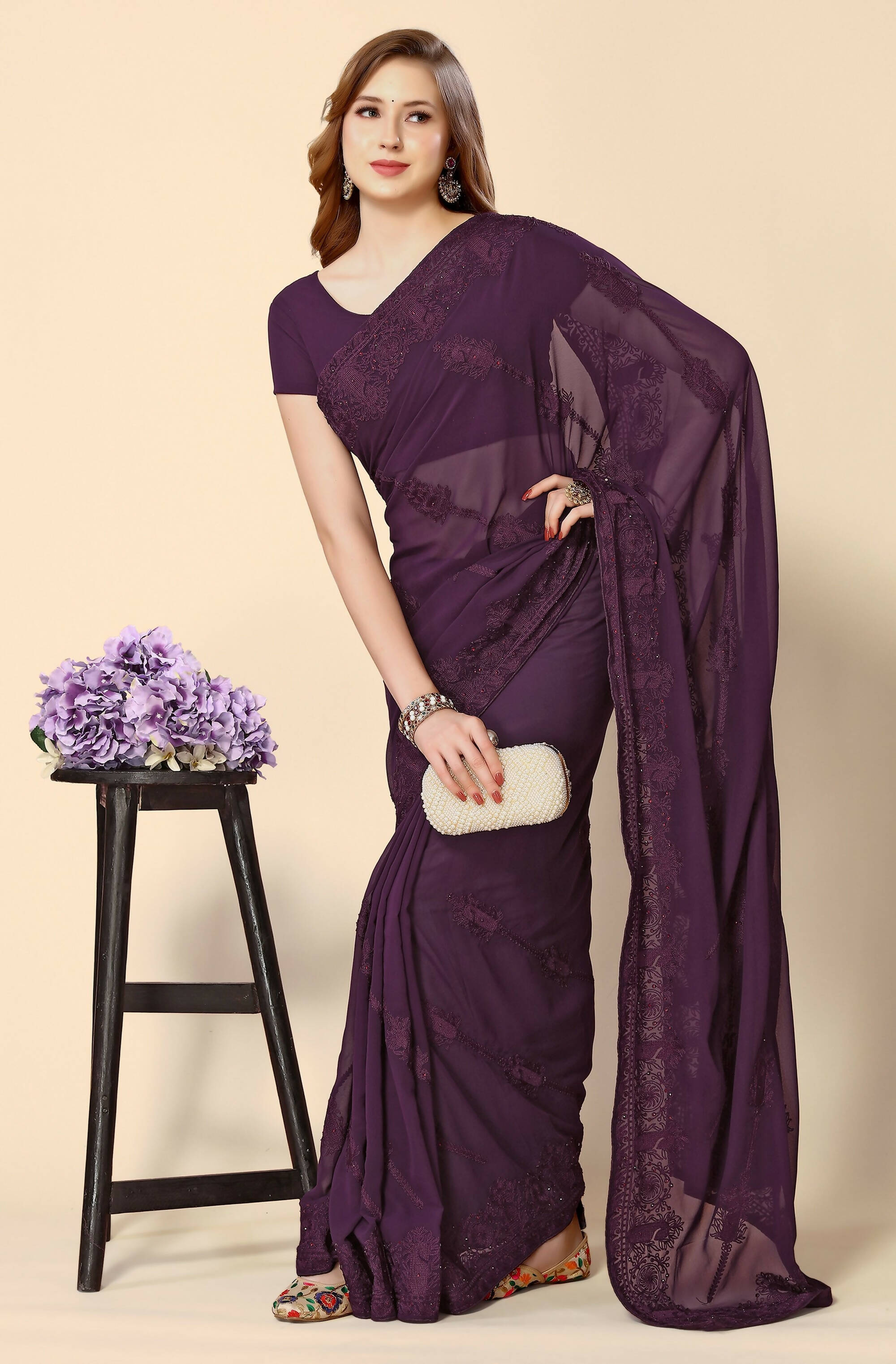 Purple Georgette Embroidered and Stone Work Saree with Unstitched Blouse Piece - Roozal
