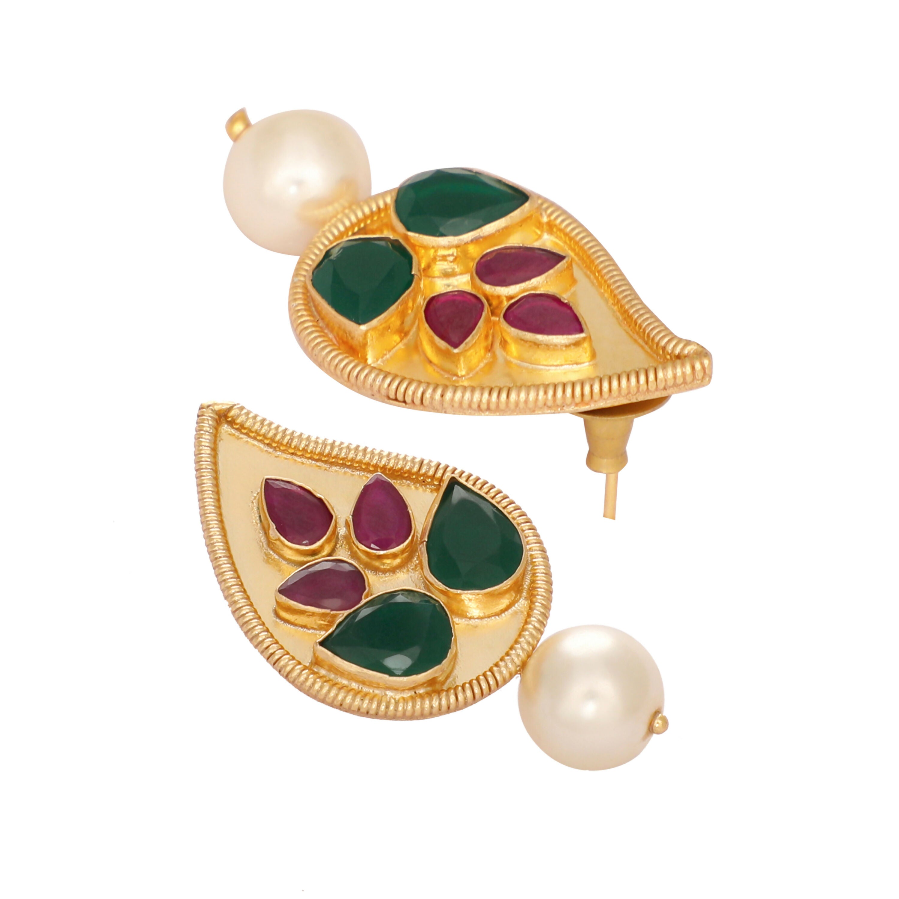 Nuyug 22K Gold Plated Emarald Stone Studded Contemporary Petal Shaped Pearl Drop Stud Earrings