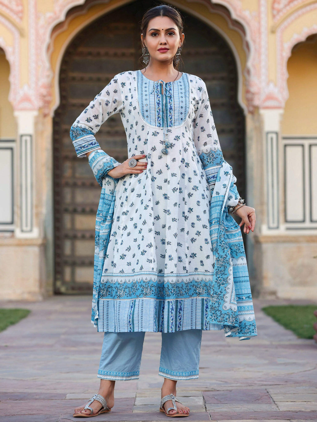 Juniper Women's White Cotton Voile Floral Printed Kurta With Cambric Straight Pant And Voile Duptta