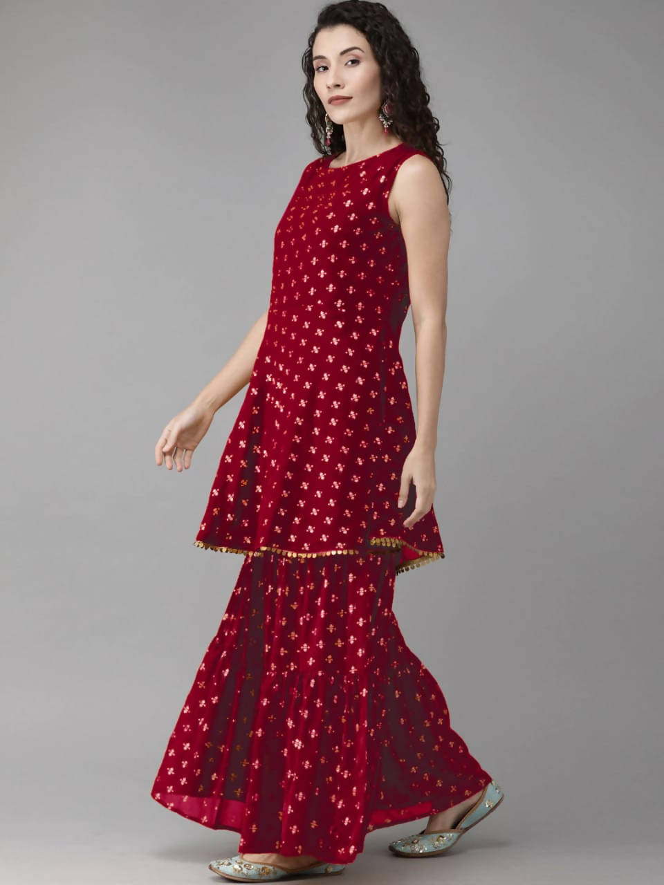 Vamika Printed Rayon Maroon Party Wear/Casual Wear Kurta Set/Suit