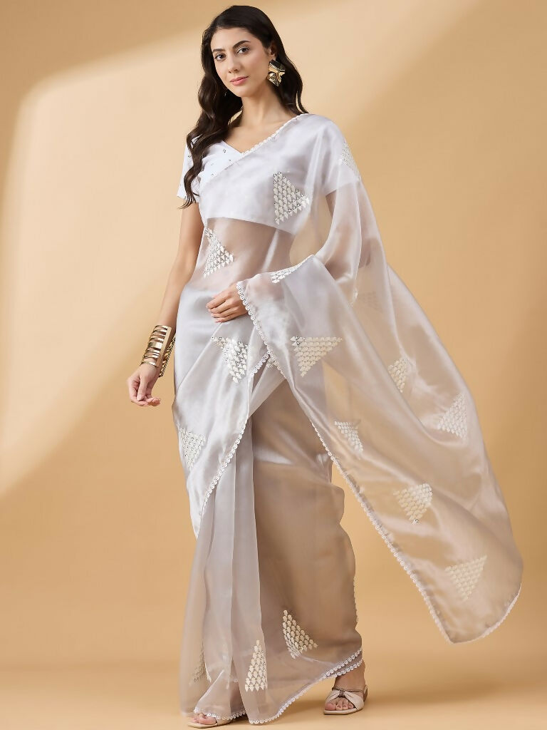 Grey Tissue Slub Embroidered Saree with Unstitched Blouse - Vairagi