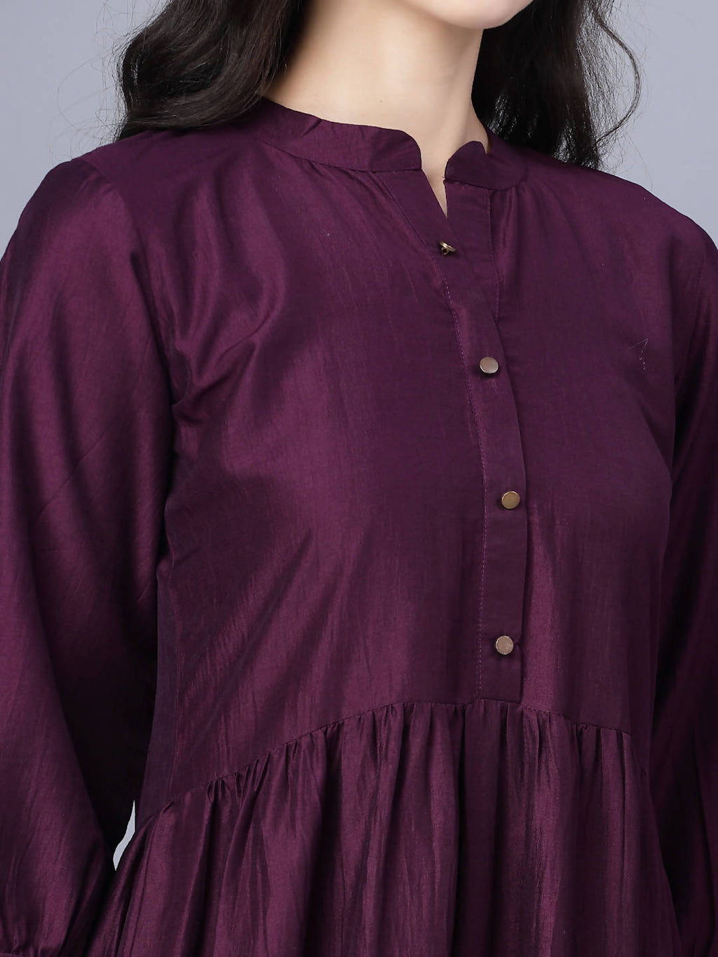 Myshka Silk Solid 3/4 Sleeve V Neck Purple Women Dress
