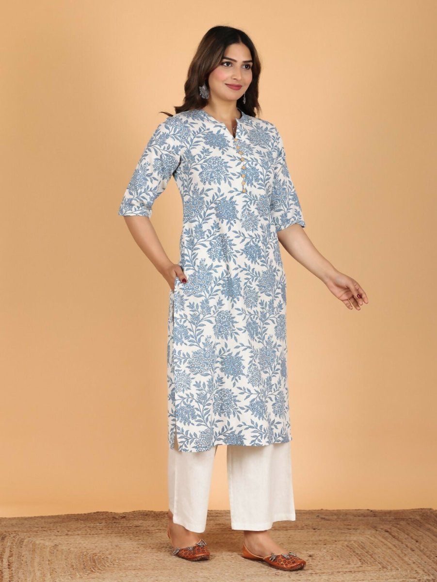 Aramya Blue Linen Cotton Floral Straight Kurta for Women