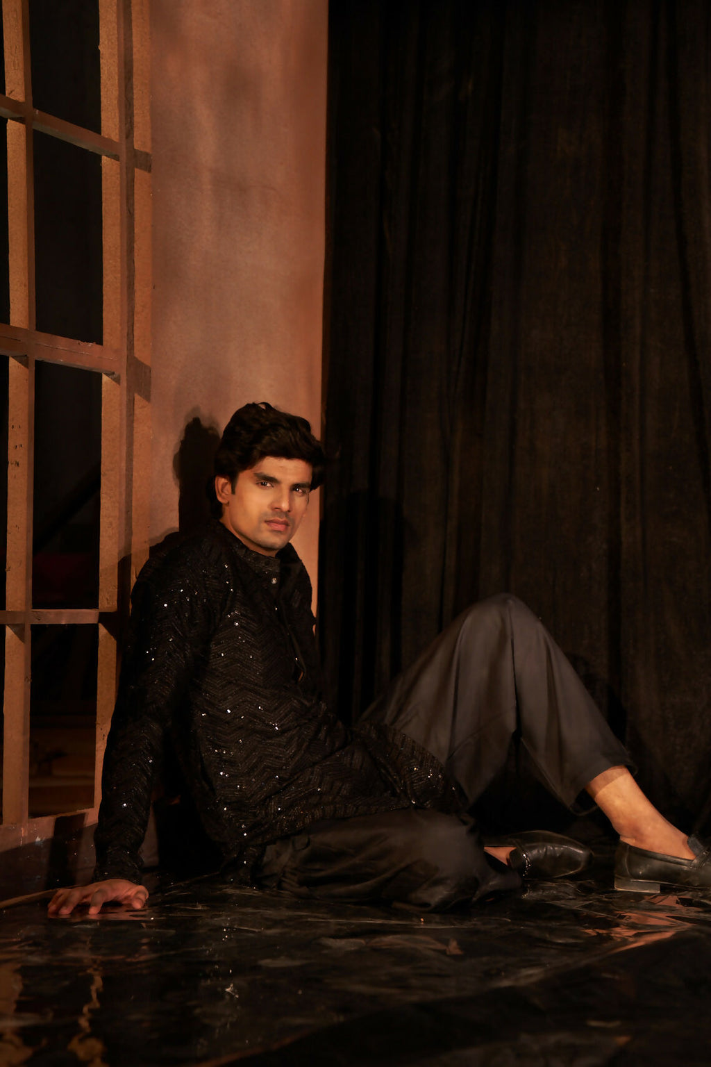 Black Cotton Embroidery Work Men's Kurta Set - Mahotsav