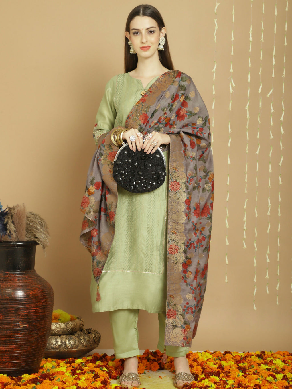 Jyoti Fashion Women's Green Chanderi Silk Elegant Jardoshi Semi Kurta with Trouser & Dupatta