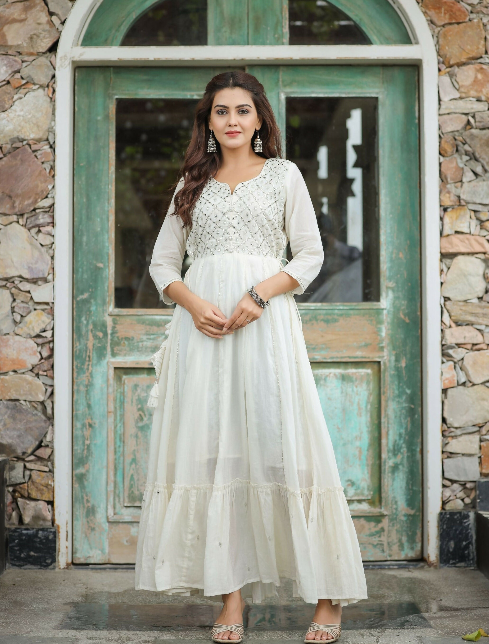 Kaajh Women's Off-White Floral Embroidered Cotton Ethnic Dress