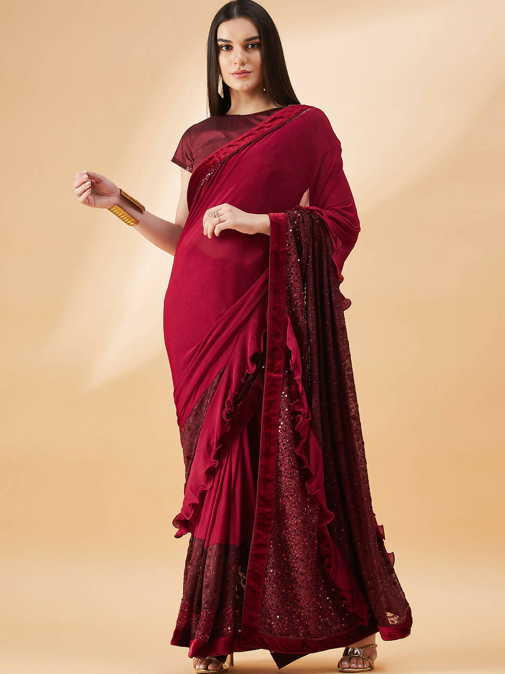 Maroon Lycra Embossed Fancy Velvet, Sequins Embroidery, Frill Details Saree - Norita Hit Design