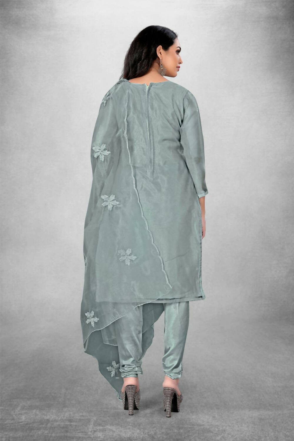 Grey Heavy Organza Silk Embroidered Unstitched Dress Material - Amara