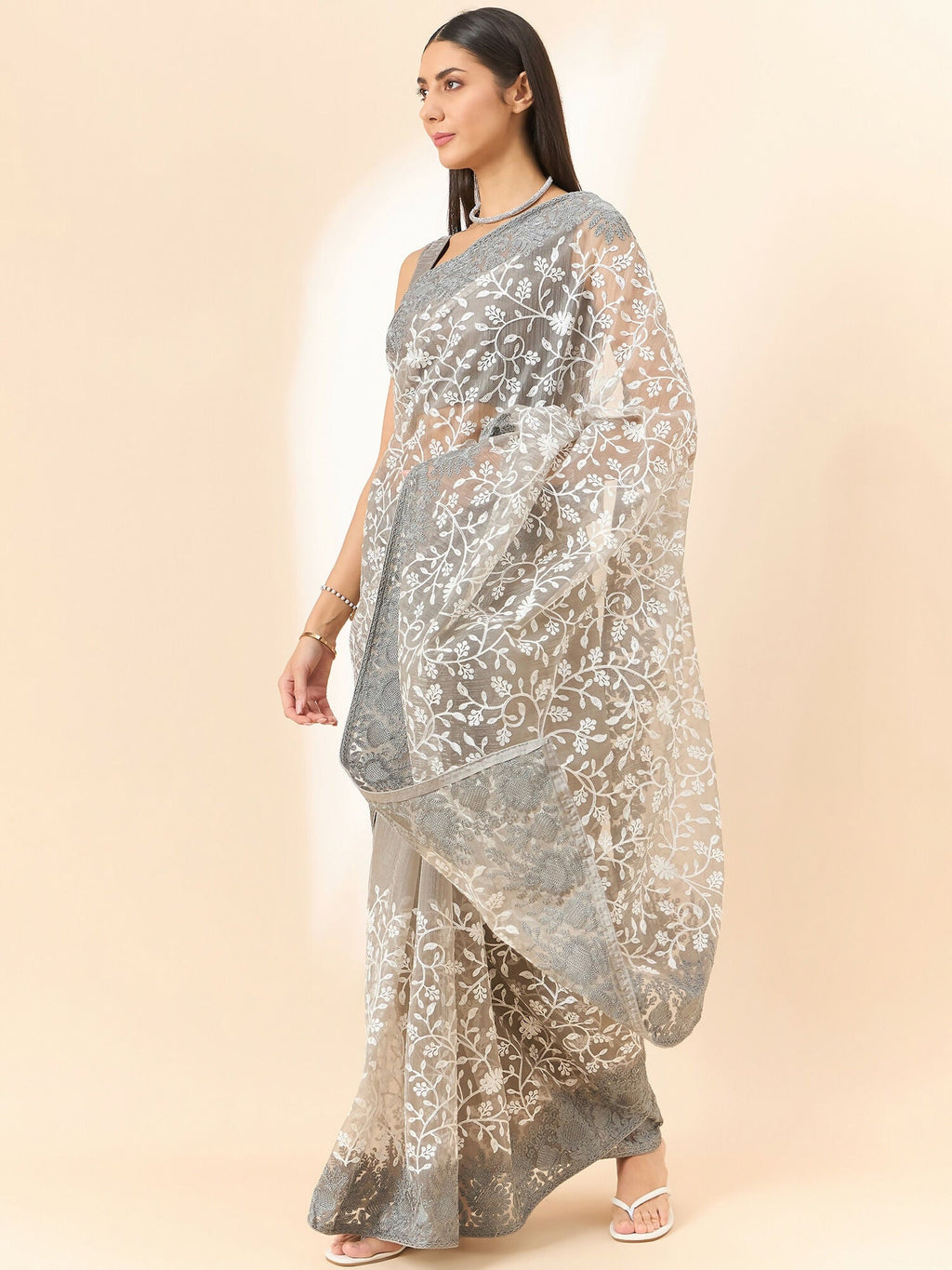 Grey Organza Floral Embroidered Saree with Unstitched Blouse Piece - Roozal