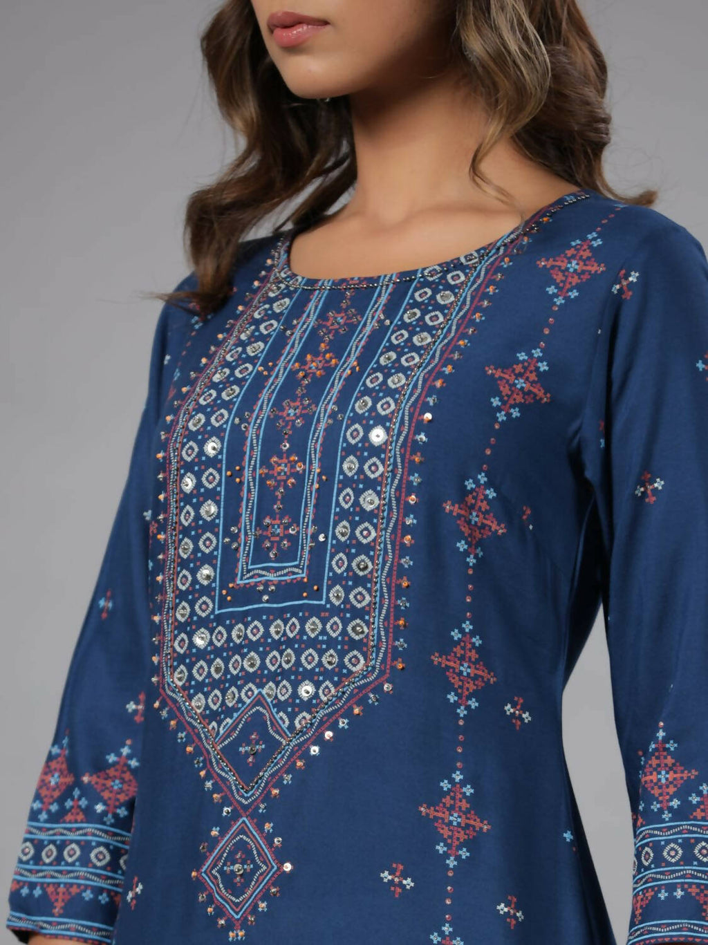 Juniper Women Navy Blue Printed Straight Kurta