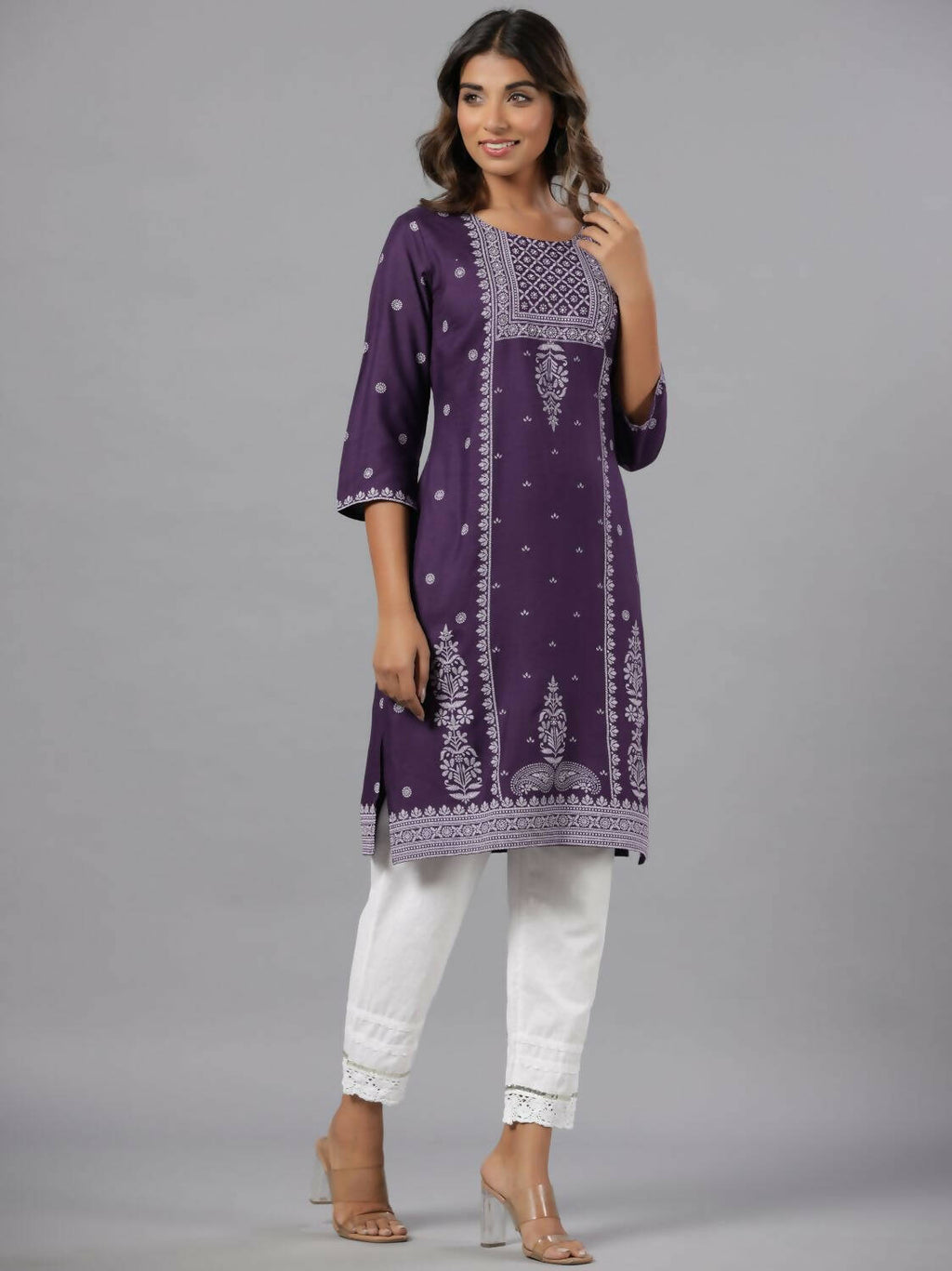 Juniper Women Purple Rayon Printed Knee Length Straight Kurta