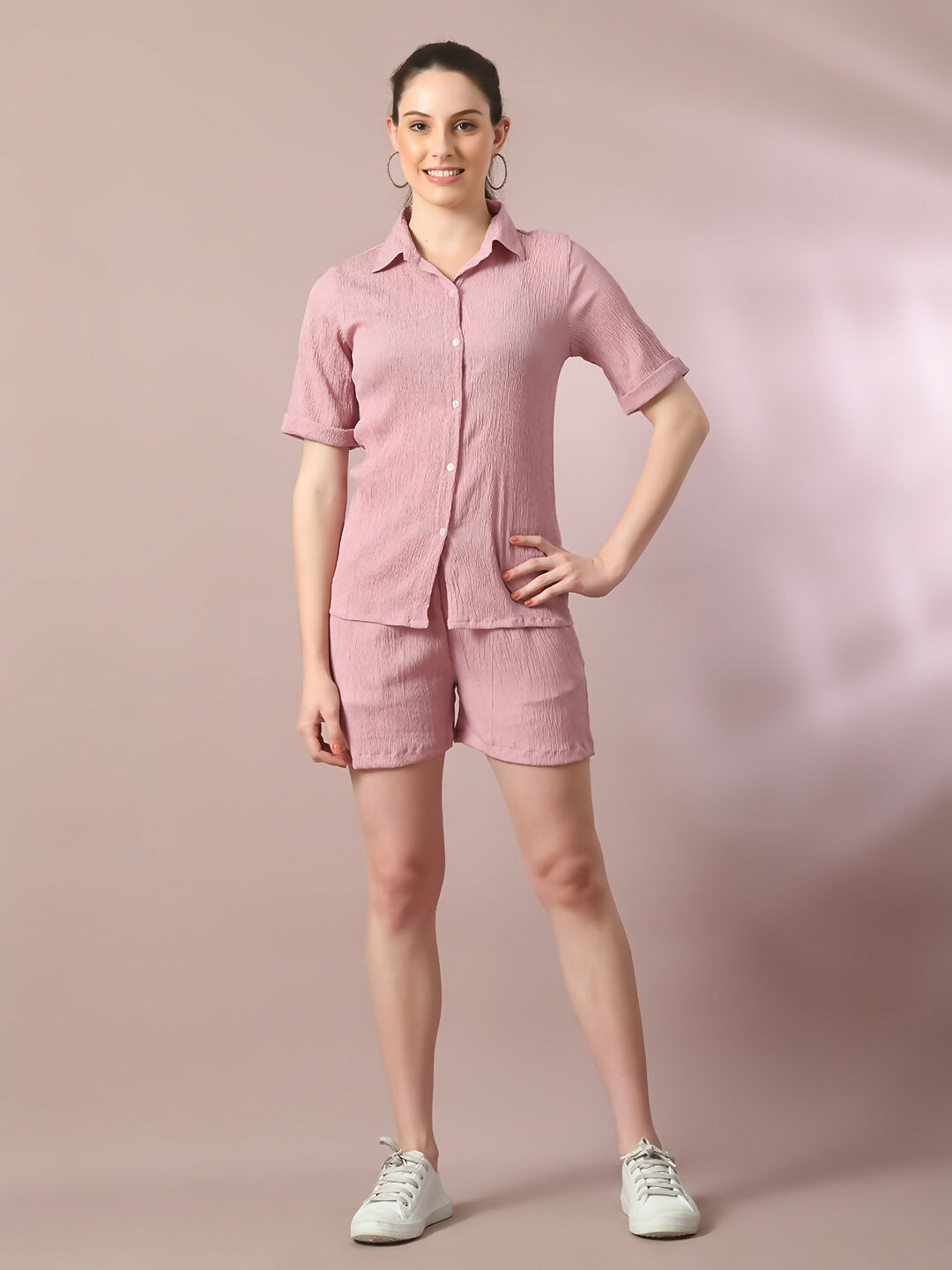 Myshka Women's Pink Solid Shirt Collar Party Shirt With Shorts Co-ord set