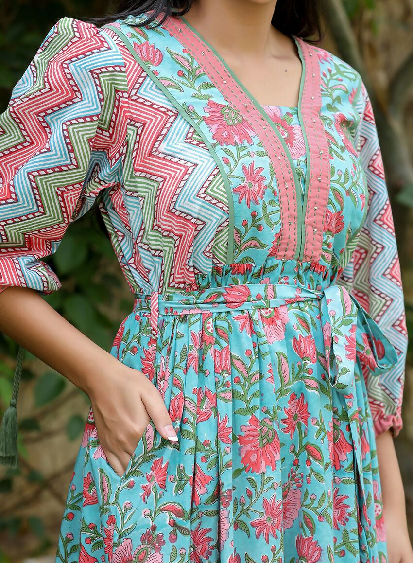Kaajh Women's Green Hand Block Printed Dress