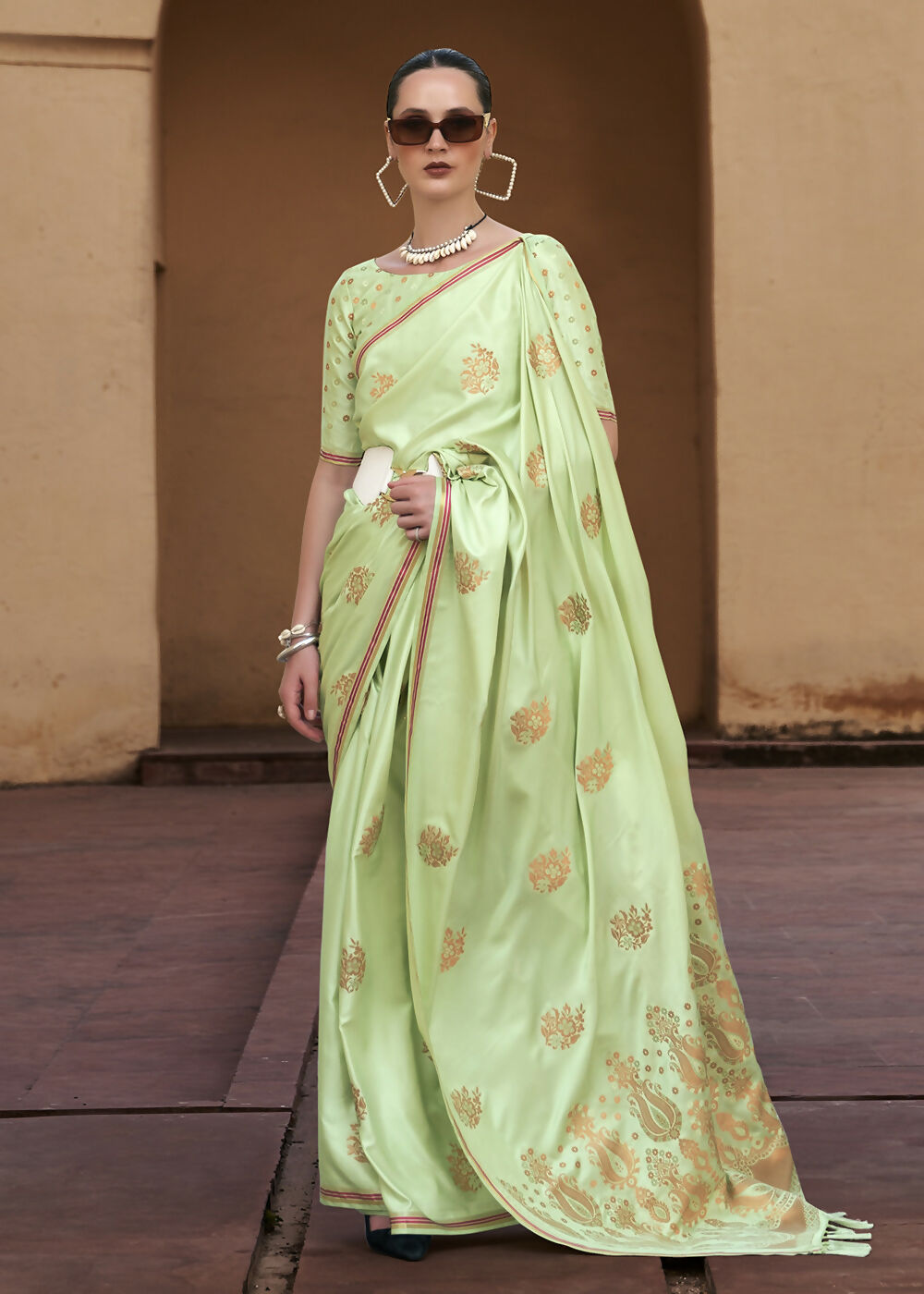 Sprout Green Pure Satin Zari Weaving Wedding Festive Saree - Emponline