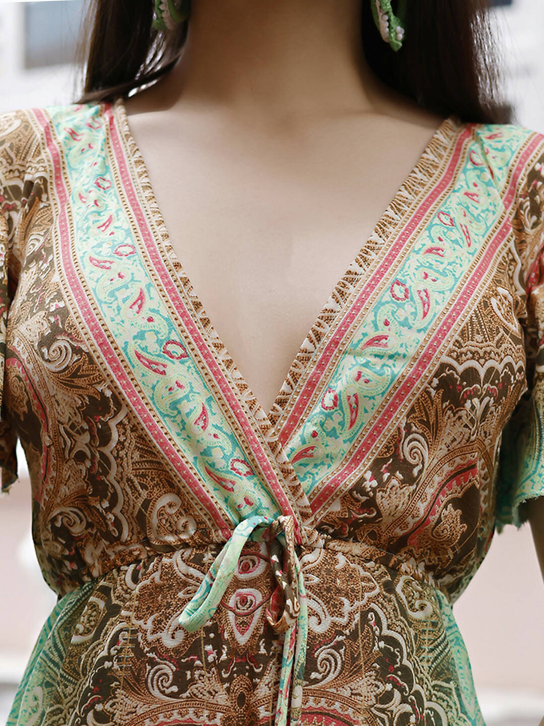 Sea Green Rayon Foil Printed Long Dress - Michan