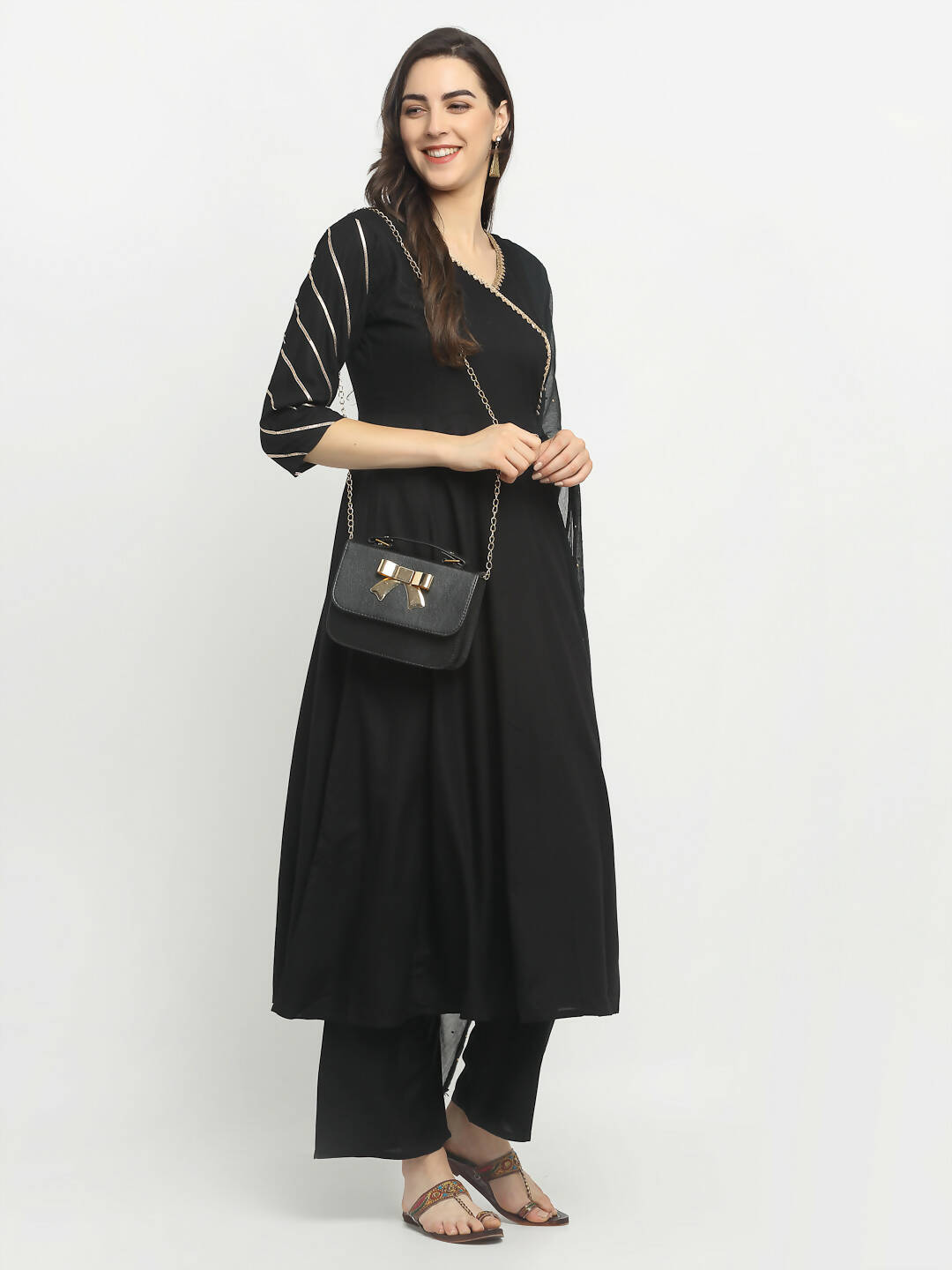 Rudra Bazaar Black Angrakha Style Flared Kurta with Pyjamas & Dupatta