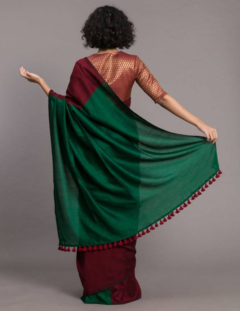 Suta Maroon Green Colourblocked Cotton Blend Saree
