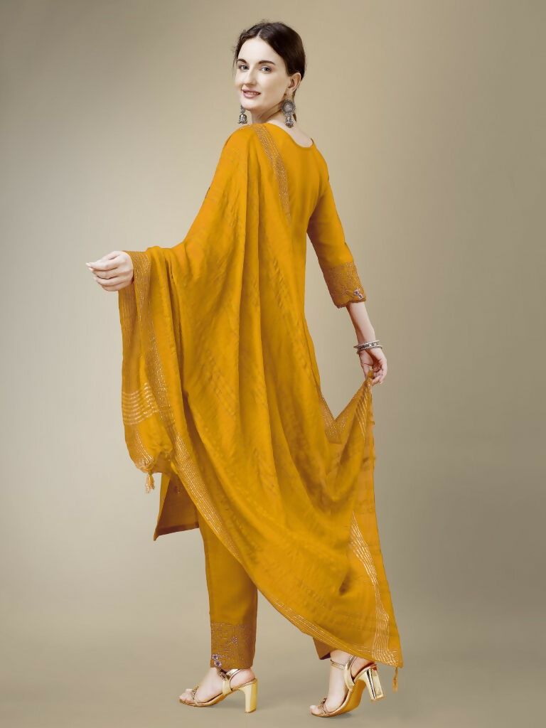 Jyoti Fashion Women's Yellow Cotton Blend Embroidery & Fancy Lace work Kurta with Trouser & Dupatta