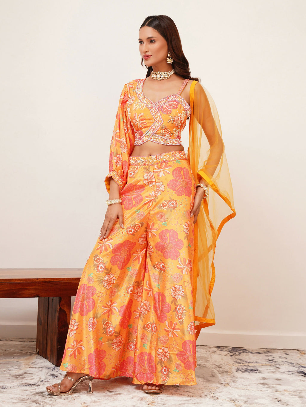 Orange Digital Chinon Handwork Top with Palazzo & Dupatta - Naomika
