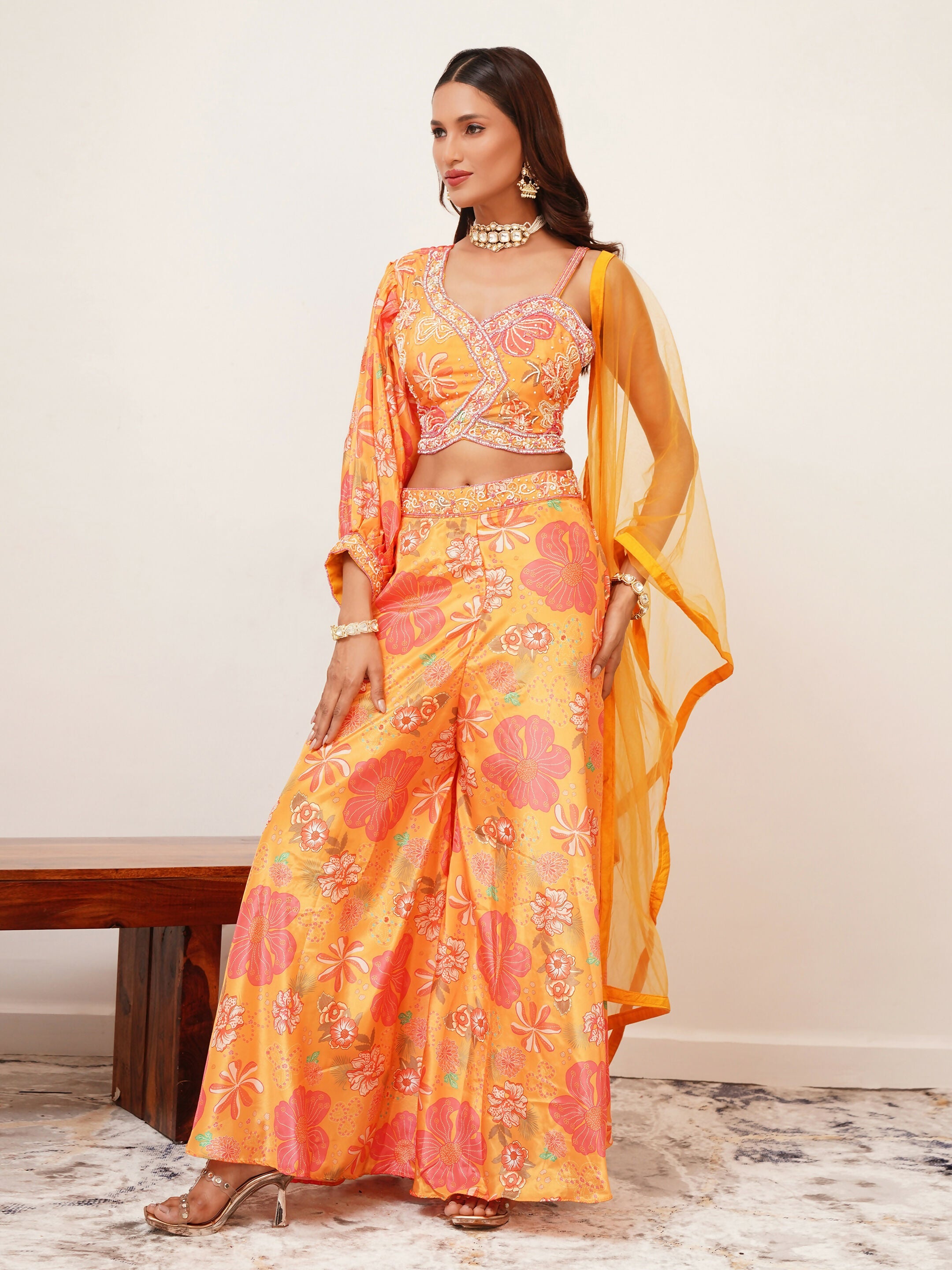 Orange Digital Chinon Handwork Top with Palazzo & Dupatta - Naomika