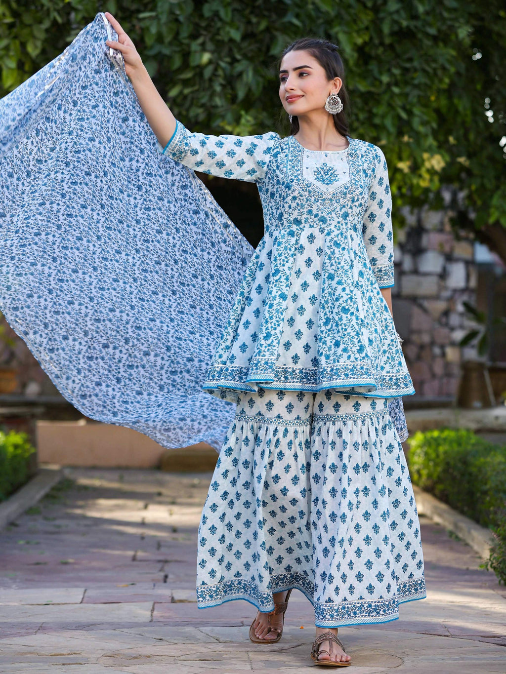 Juniper Women's Blue Cotton Cambric Floral Placement Printed Anarkali Kurta Sharara & Dupatta Set