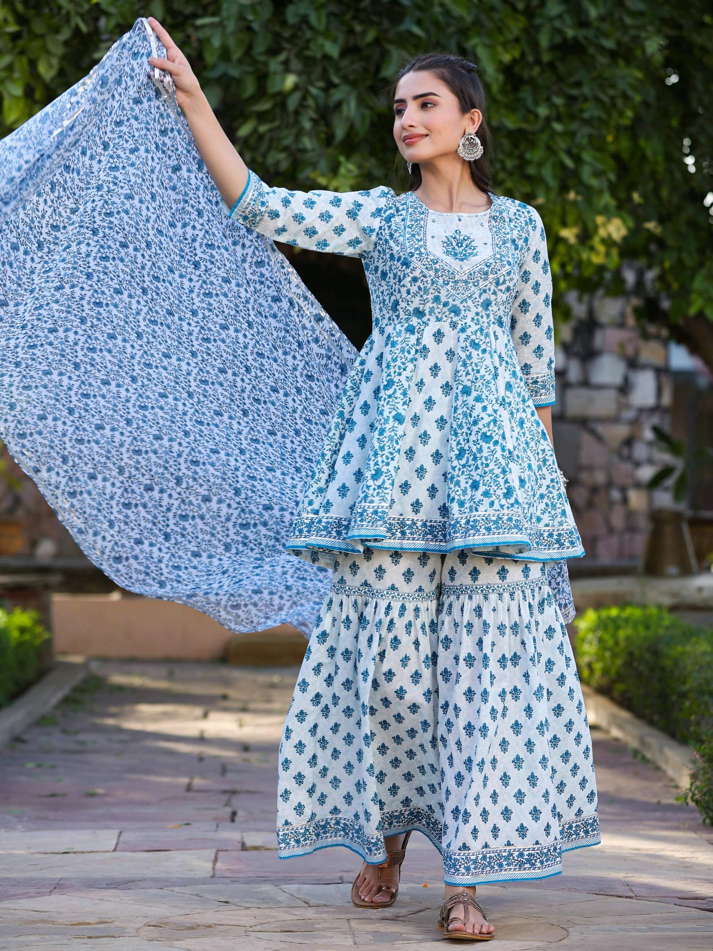 Juniper Women's Blue Cotton Cambric Floral Placement Printed Anarkali Kurta Sharara & Dupatta Set