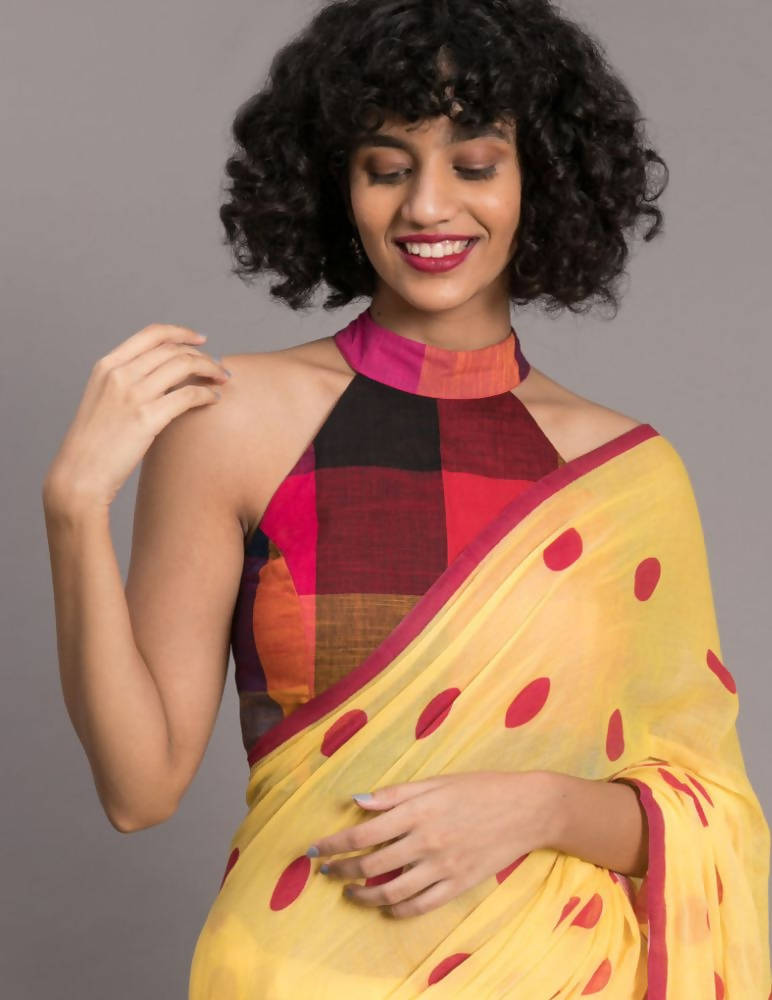 Suta Yellow Pink Polka Printed Pure Cotton Saree