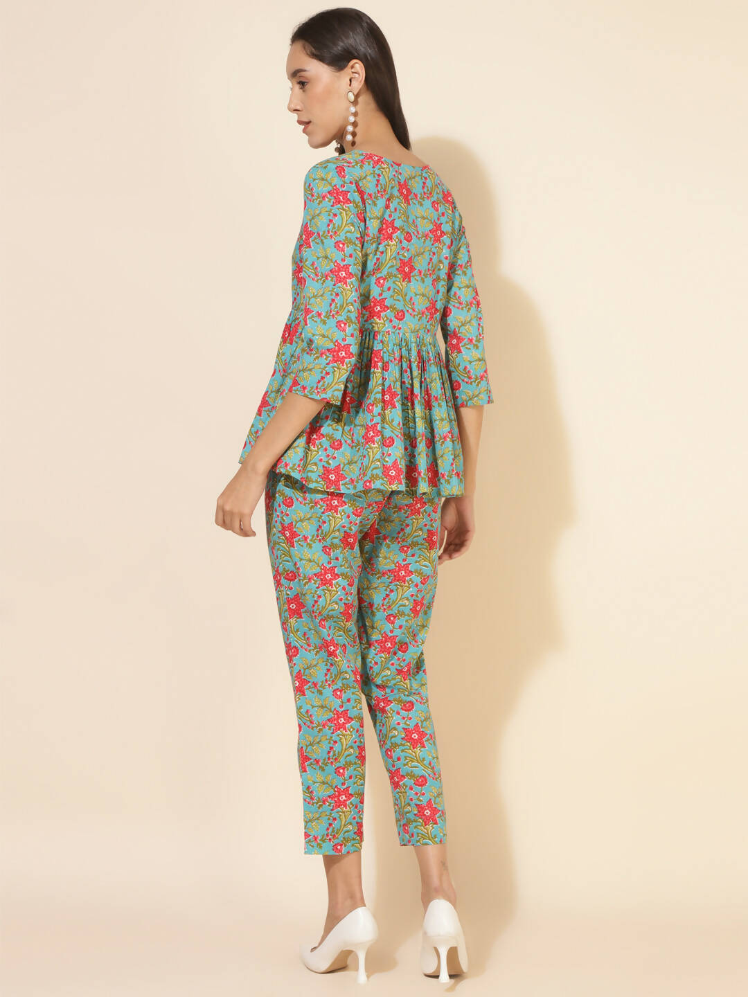 Janasya Women's Blue Cotton Printed Casual Peplum Co-ords