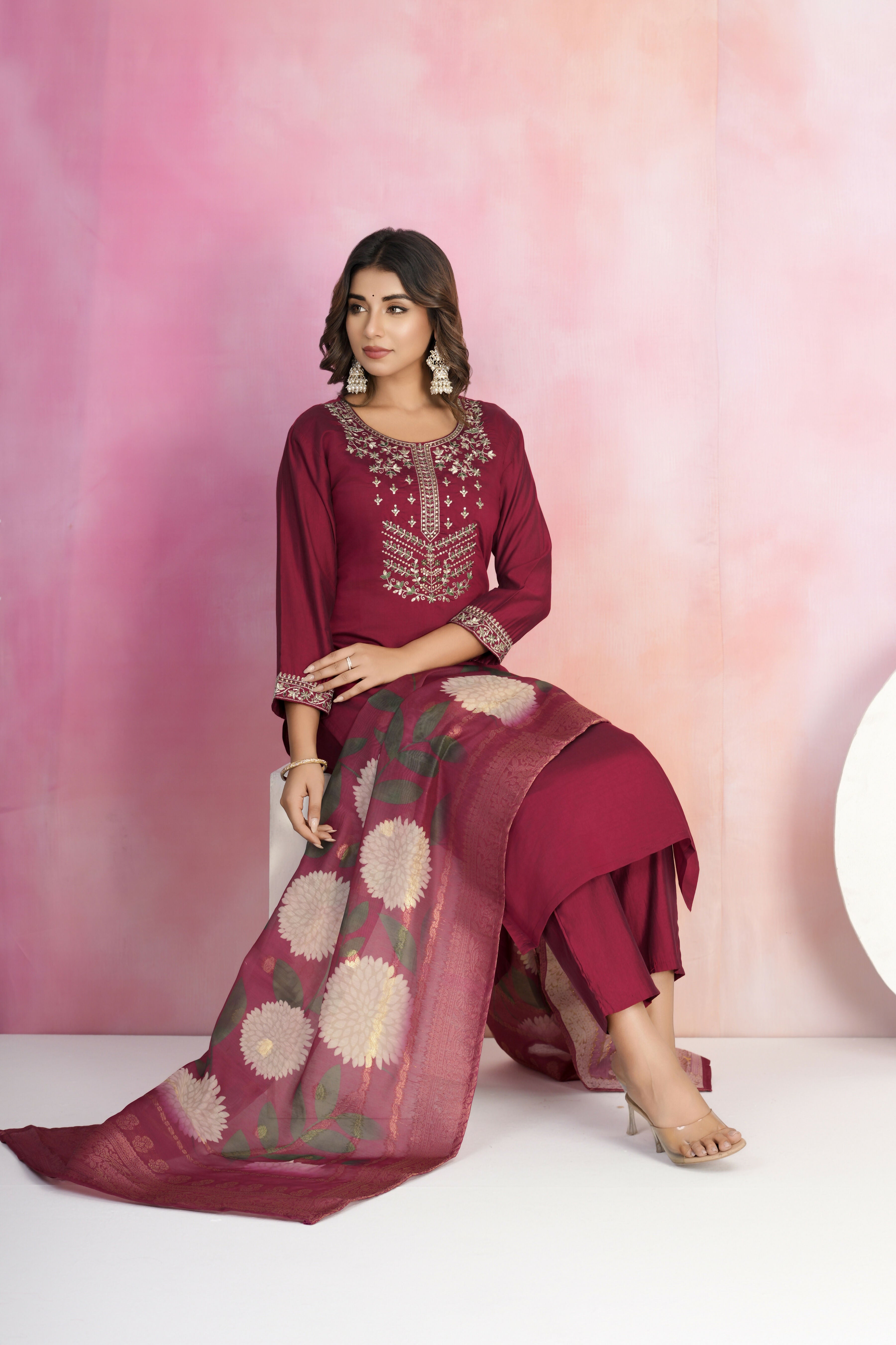 Ethnic Festive Wear Viscose Chanderi Maroon Stitched Suit With Dupatta - Tanisha