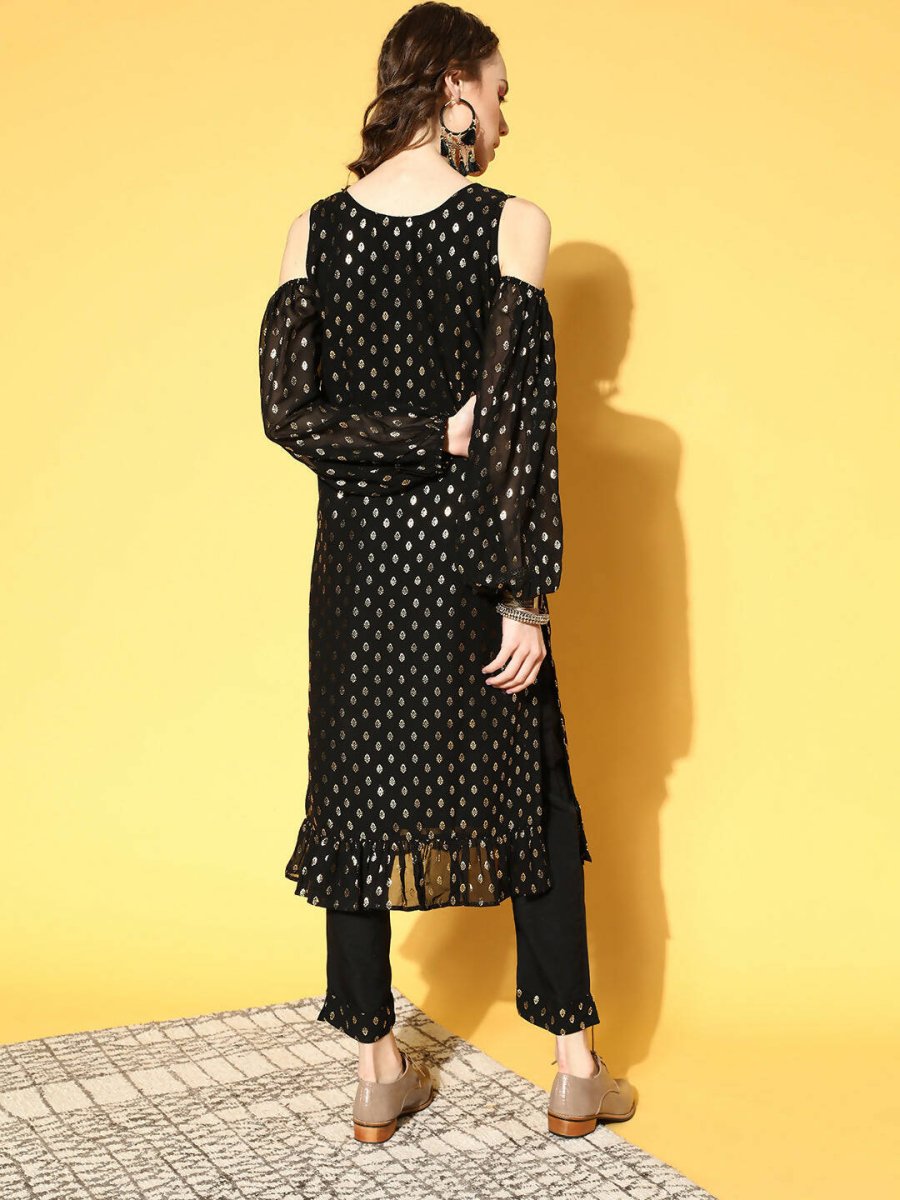 Ahalyaa Women Black Colour Georgette Gold Foil Printed Kurta Pant Set