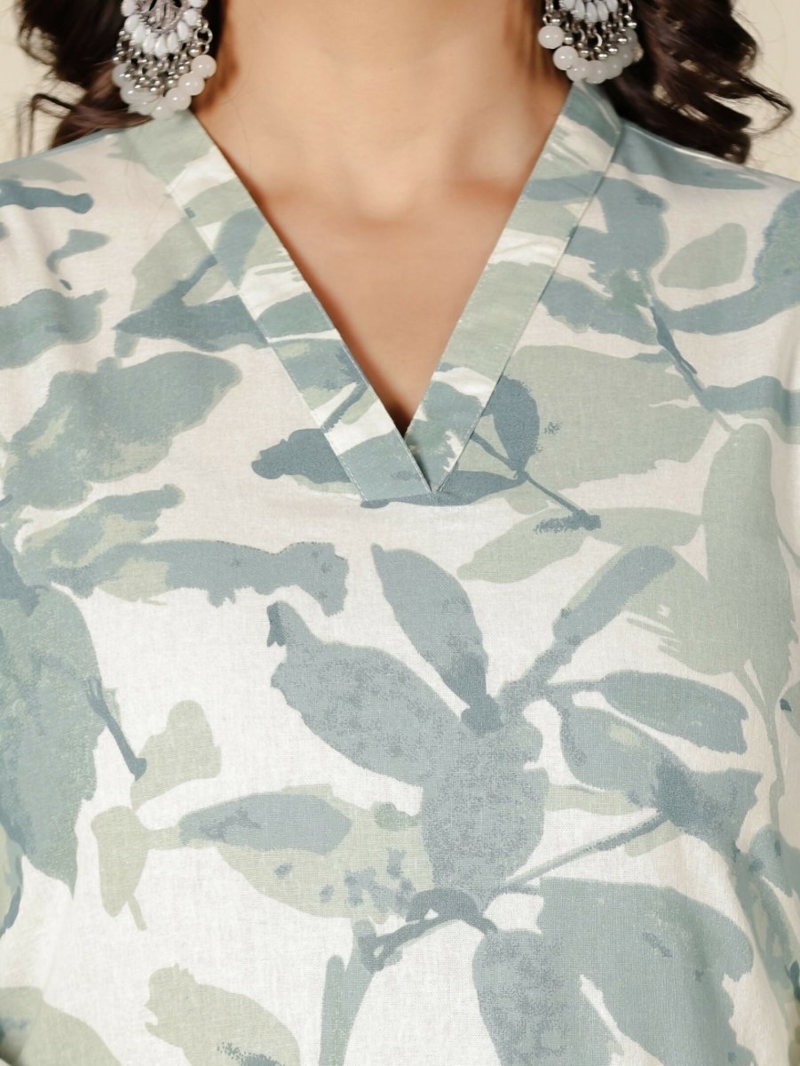 Aramya Green Linen Cotton Foliage Straight Kurta for Women