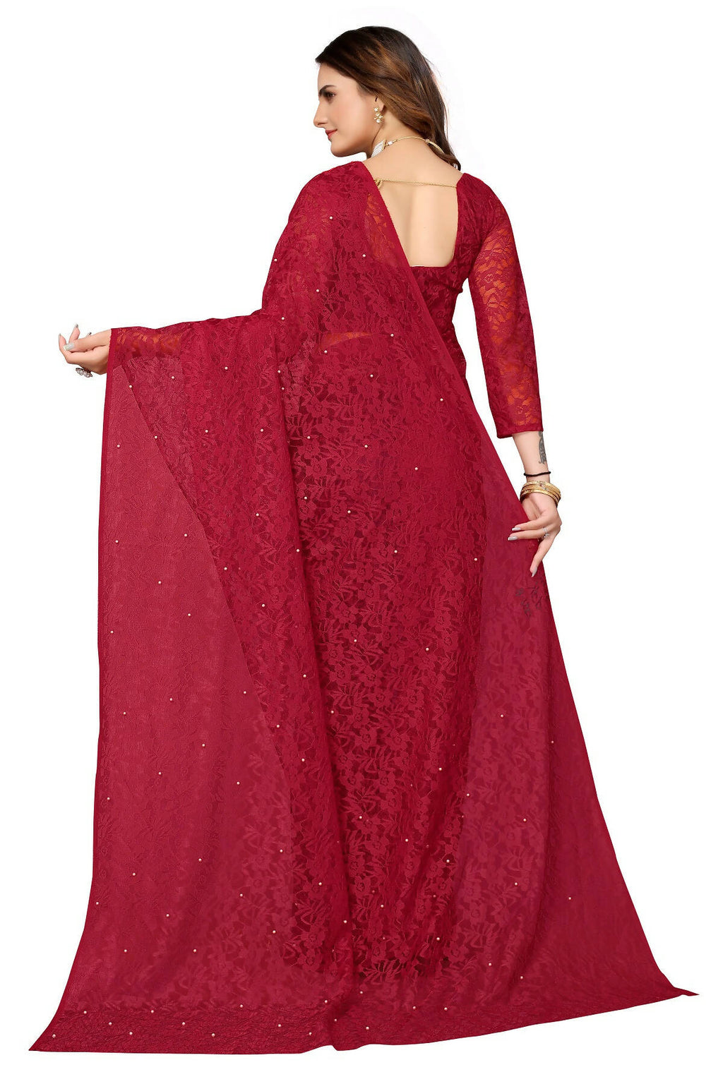 Vamika Maroon Pearls Net Saree