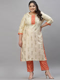 Sztori Plus Size Floral Printed Foil Work Straight Kurta With Trousers