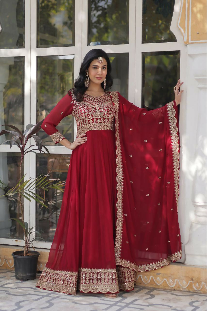 Vastranavya Faux Blooming with Embroidery Zari Sequins-work Gown & Dupatta - Maroon