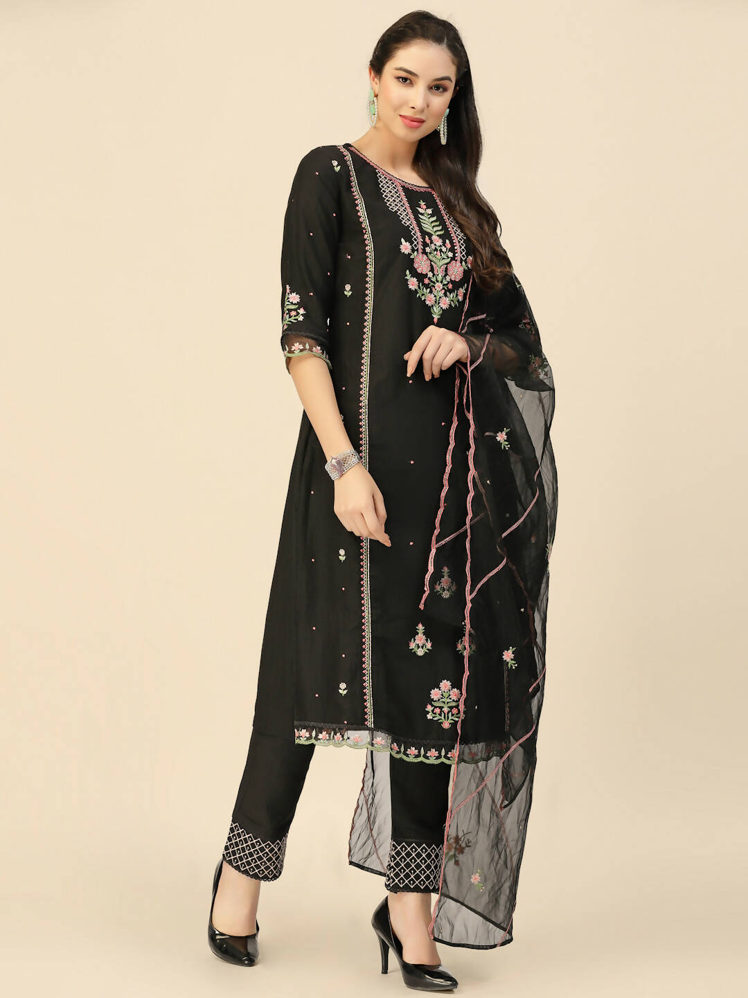 Black Embroidered Chinon Straight Kurta With Trouser & Dupatta - Salimar