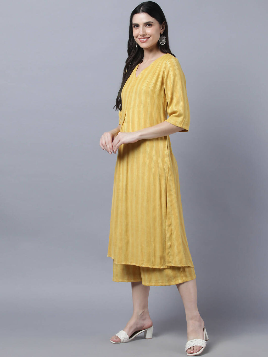 Myshka Stylish Yellow Cotton 3/4 Sleeve Women's Kurta Palazzo Set