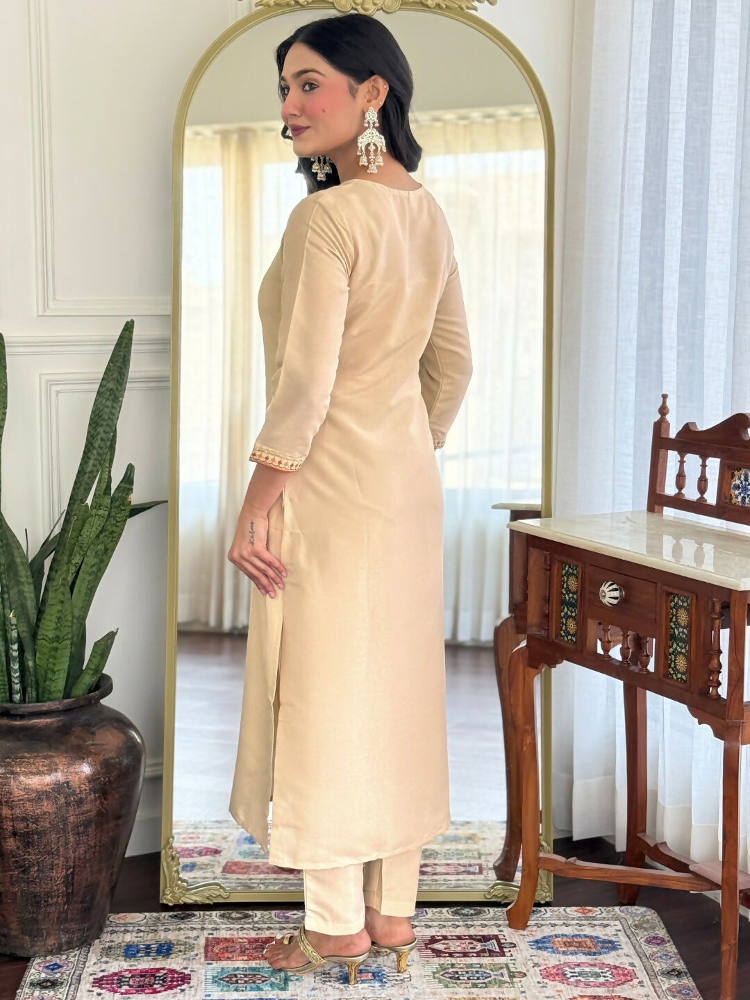The52 Chiku Women's Beautiful Rayon Fabric Embroidered Work Straight Kurta Pant and Dupatta Set