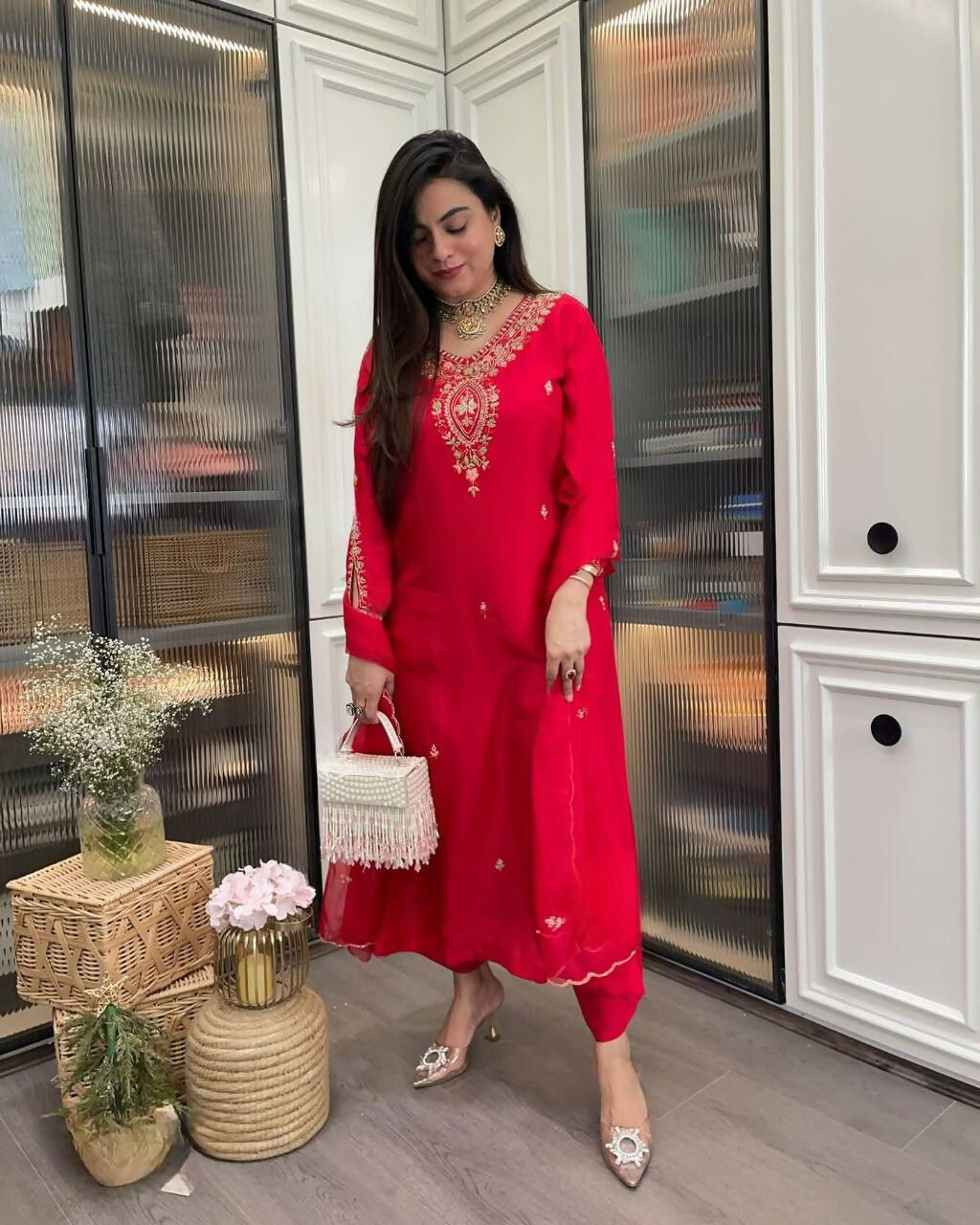 The52 Red Beautiful Embroidered Rayon Fabric Straight Kurta Pant with Dupatta Set