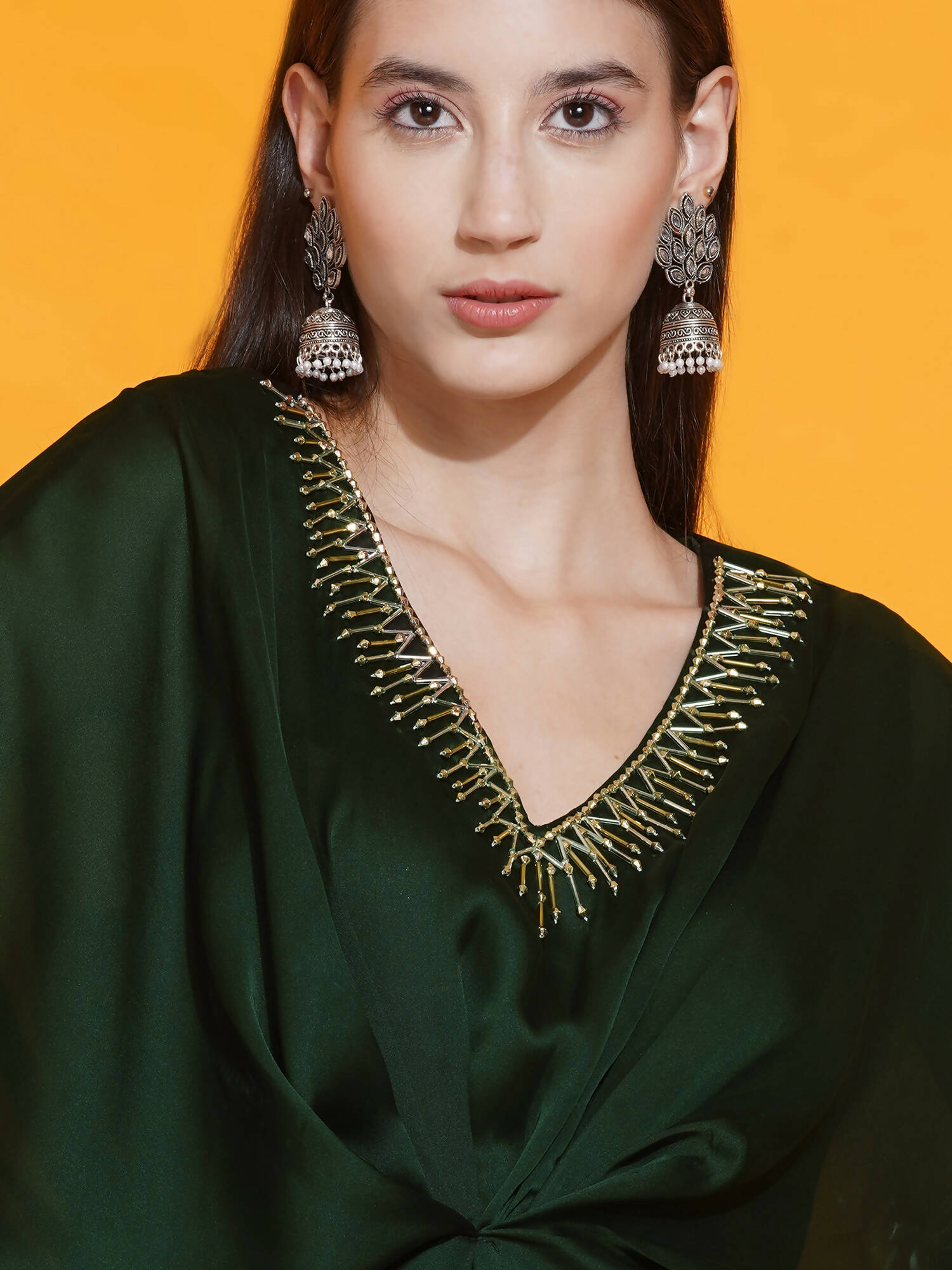 Women Republic Green Georgette Hand Embellished Kaftan Style Gown