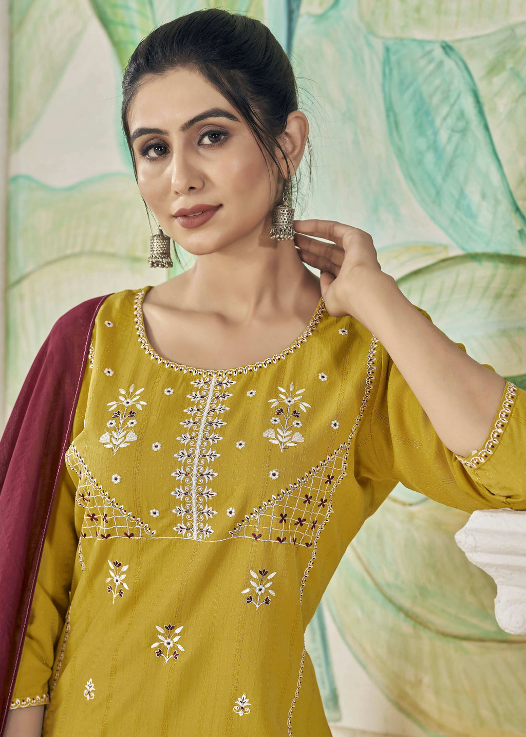 Jyoti Fashion Women's Mustard Pure Viscose Weaving Stripe with Embroidery Kurta Set