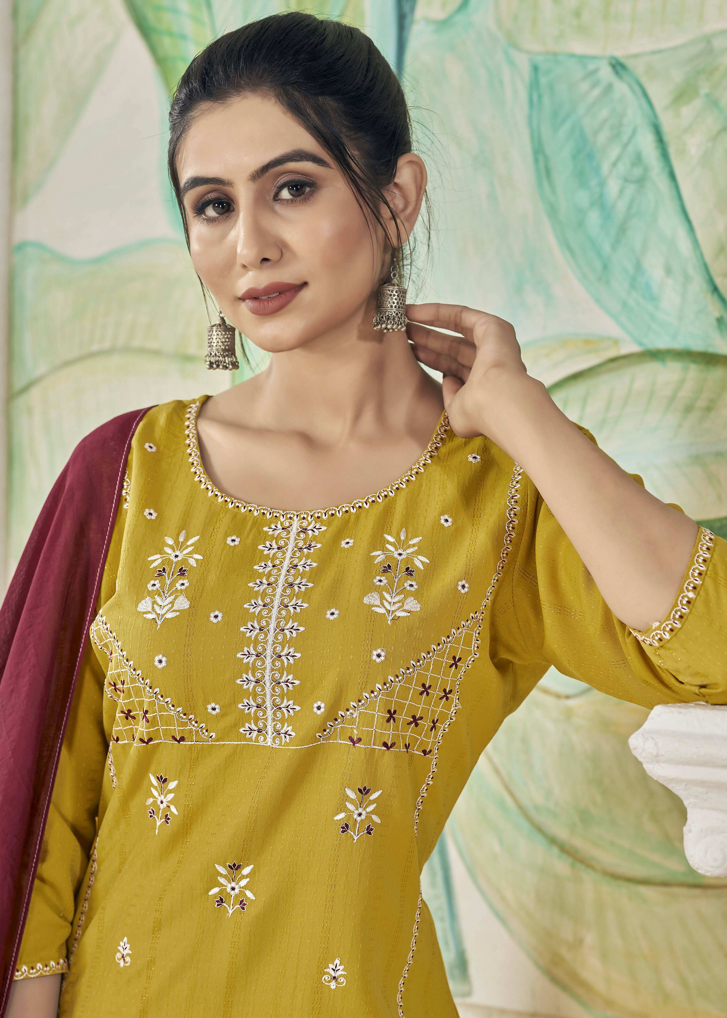 Jyoti Fashion Women's Mustard Pure Viscose Weaving Stripe with Embroidery Kurta Set